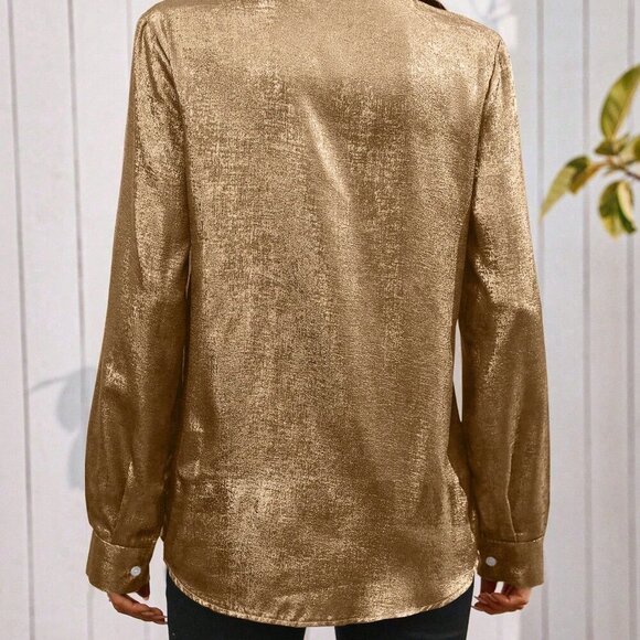 Gold Elegant Women's Metallic Sheen Shirt - Picture 2 of 6